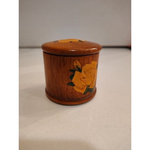 Vintage Wood Roll Stamp Holder Dispenser Yellow Roses Felt Bottom - Picture 3 of 9